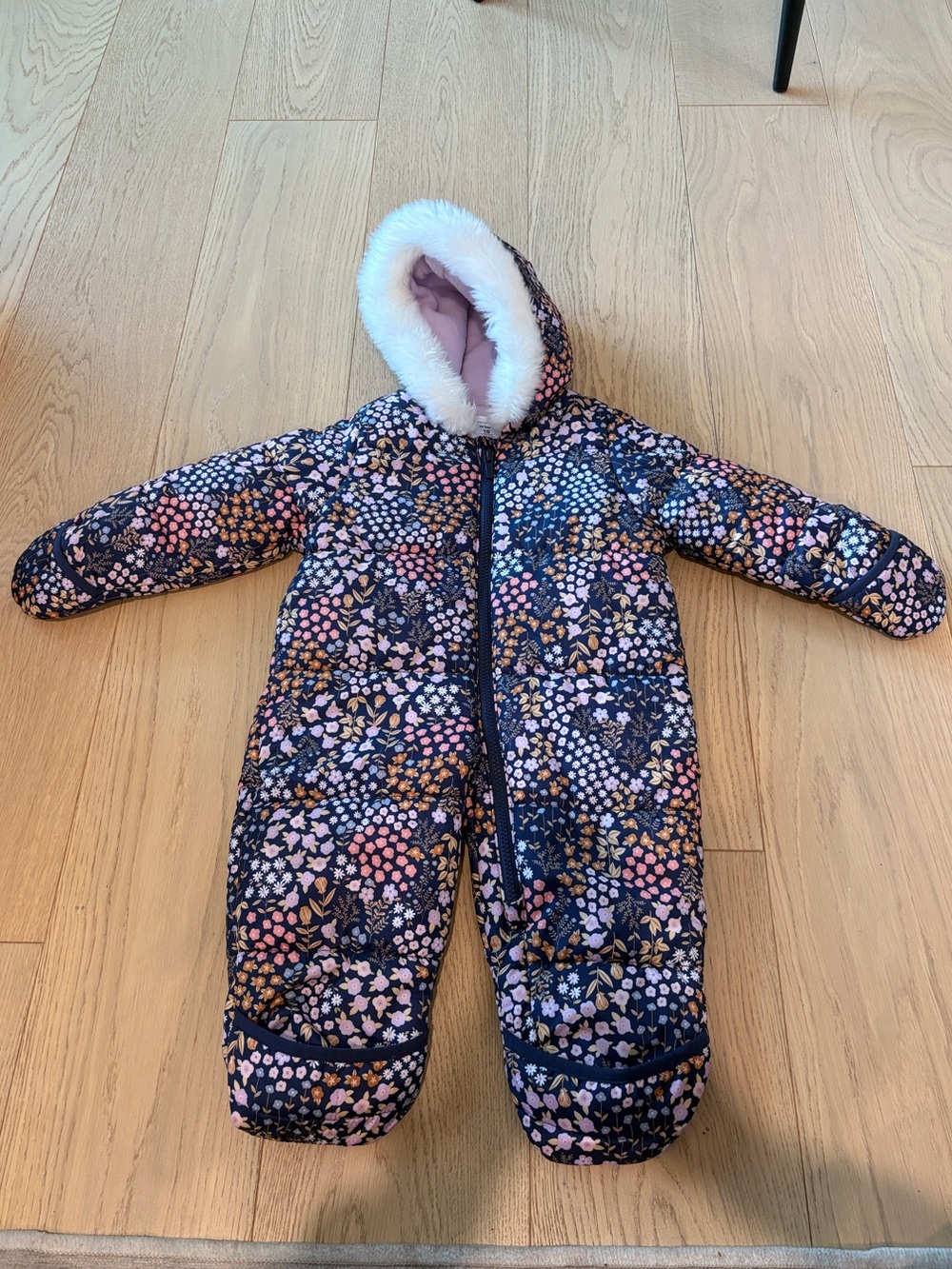 Carter's Navy Floral Hooded One-Piece Footed Snowsuit with Pink Accents